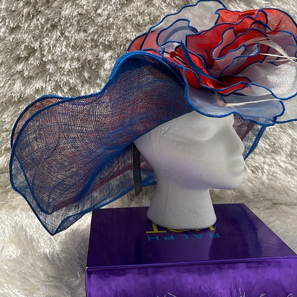 Kentucky Derby Side Flip 7" Brim Sinamay Layered Feather Hat USA Flag Patriotic - Picture 10 of 16
